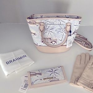 NWT BRAHMIN SMALL BOWIE IVORY COPA CABANA W/ ADY WALLET SET (Car And Palm)